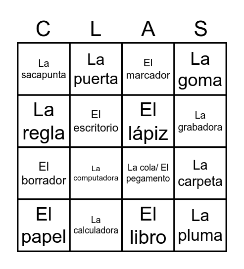Vocabulario de la escuela Bingo Card