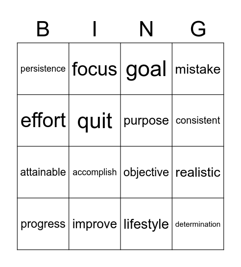 Goal Setting Vocabulary Bingo Card