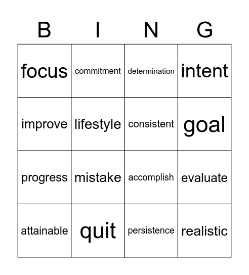 Goal Setting Vocabulary Bingo Card