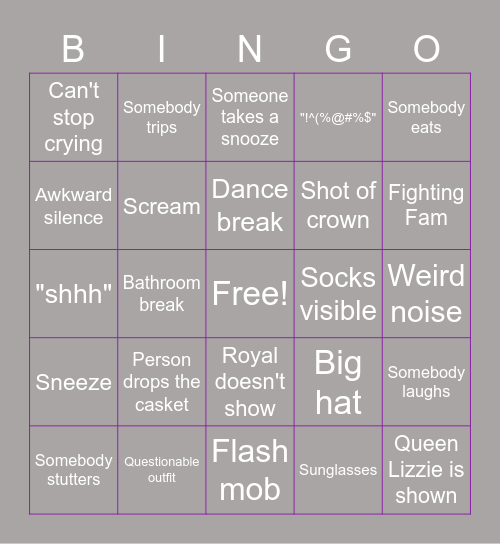 Funeral Bingo Card