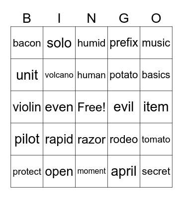 Open and closed Syllable Bingo Card
