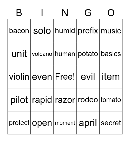 Open and closed Syllable Bingo Card