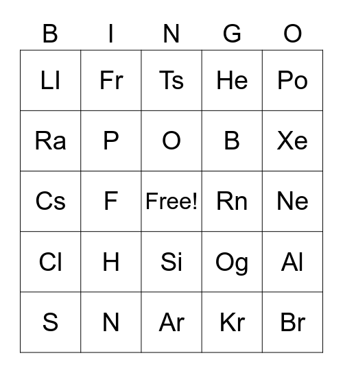 Periodic Table Bingo Card