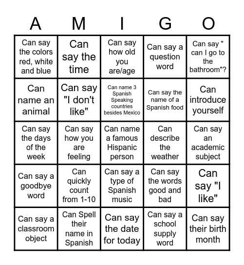 Learning a new language can be intimidating. Remember the goal is to communicate, not to be perfect.  You will make mistakes, but be patient, relax and take a risk! Now FIND someone who can answer or say these in Spanish.  WRITE their names on the grid. Bingo Card