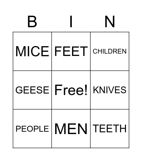 Irregular Plural Nouns Bingo Card