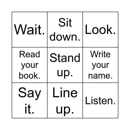 Classroom Commands 2 Bingo Card
