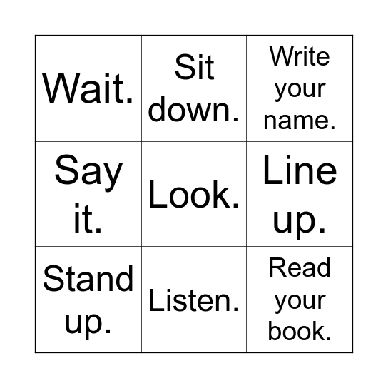 Classroom Commands 3 Bingo Card