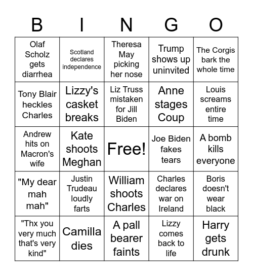 Lizzy's Funeral Bingo Card
