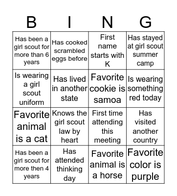 Girl Scout Bingo Card