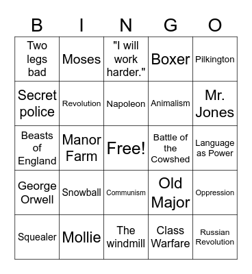 Animal Farm Bingo Card