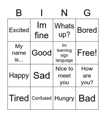 American Sign Language Bingo! Bingo Card