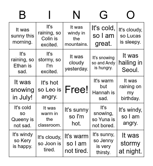 Weather + Emotions Bingo Card