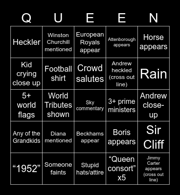 Queen Funeral Bingo Card