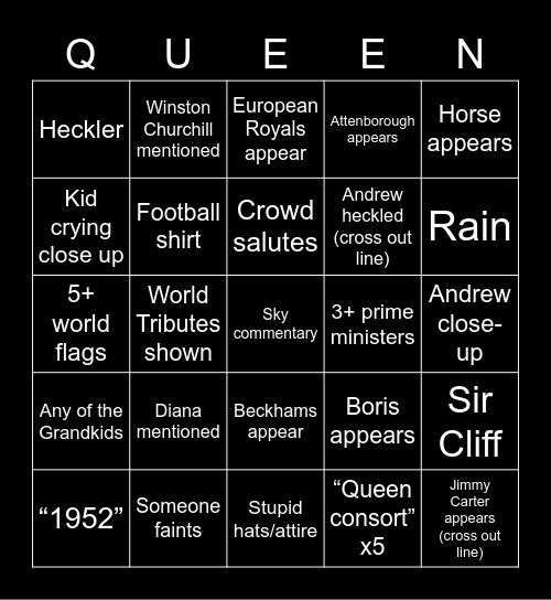 Queen Funeral Bingo Card