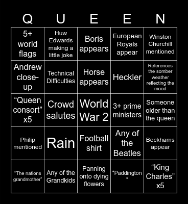 Queen Funeral Bingo Card