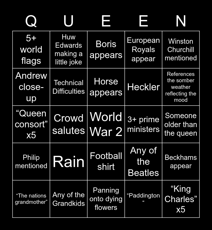 Queen Funeral Bingo Card 