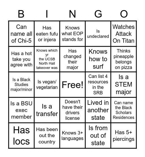 UCSB BSU Bingo Card