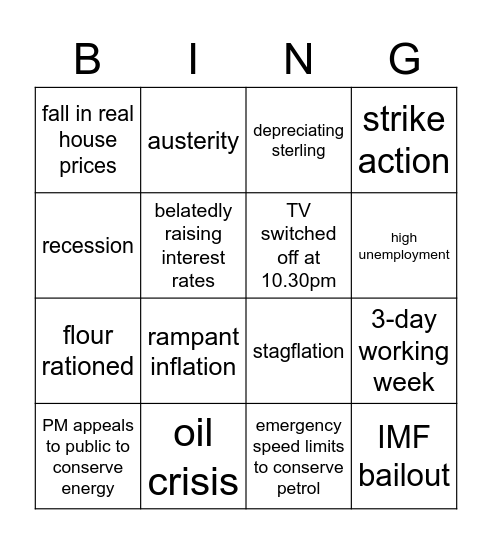 UK Economy Back To The 70s Bingo Card