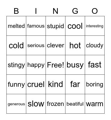 Adjective Bingo Card