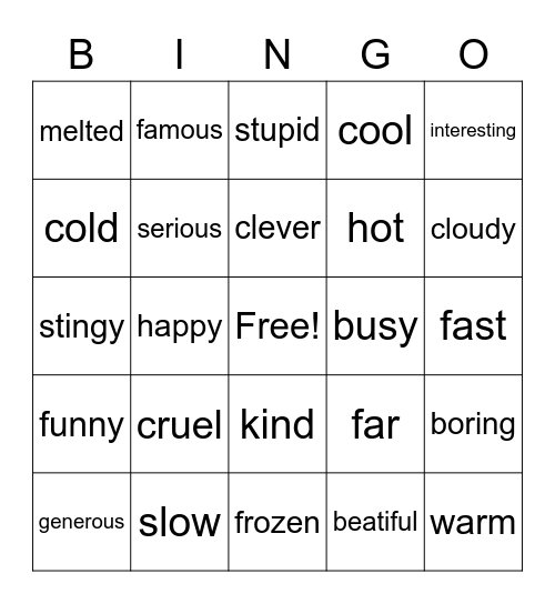 Adjective Bingo Card