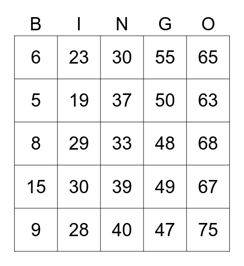 Number Bingo 1-75 Bingo Card