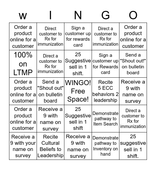 Walgreens Wingo!  Bingo Card