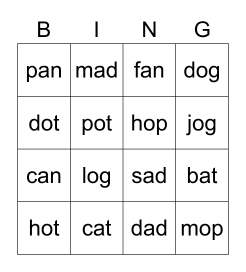 Short Aa and Oo Bingo Card