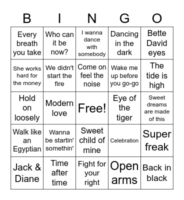 80s Music Bingo Card