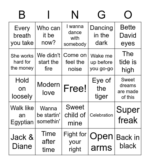 80s Music Bingo Card