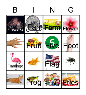 Letter F Bingo Card