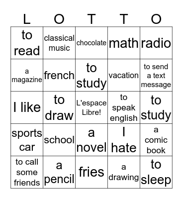 Chapitre 2 Vocabulaire 1 Bingo Card