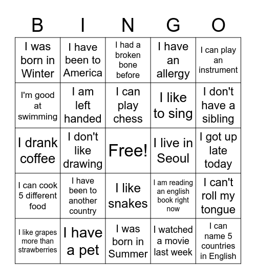 I want to get to know you! Bingo Card