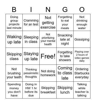 BAD HABITS BINGO Card