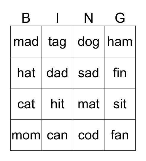 CVC Words Bingo Card