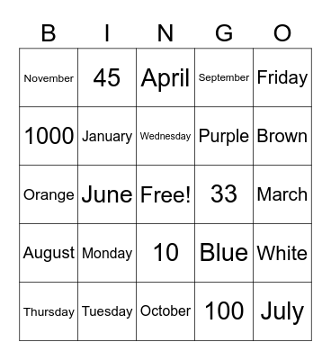 Basic Vocabulary Bingo Card