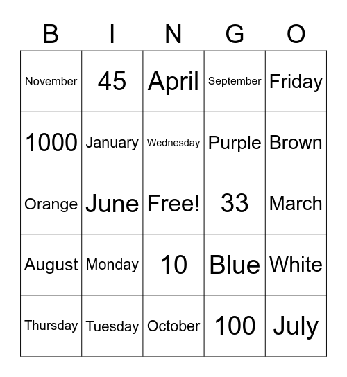 Basic Vocabulary Bingo Card