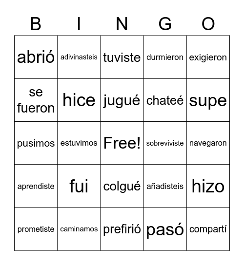 Preterite Conjugations Bingo Card