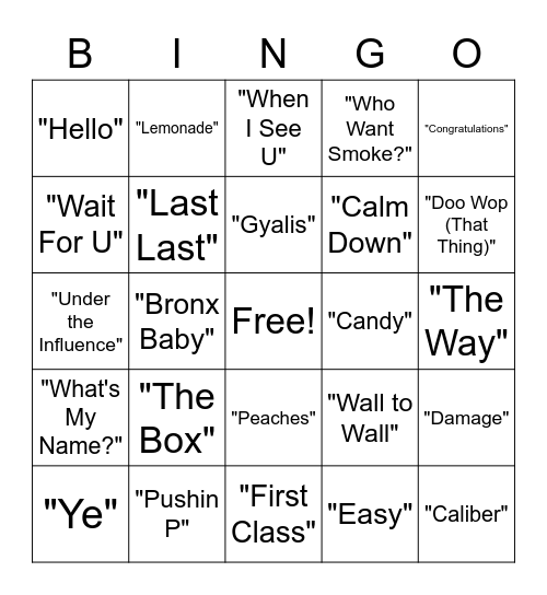 Songs Bingo Card