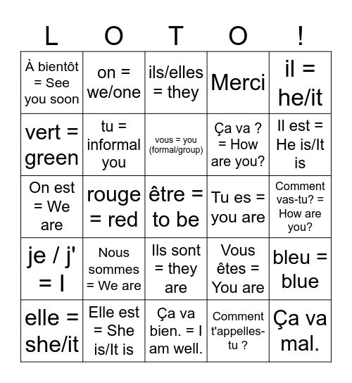 6. être=to be Bingo Card