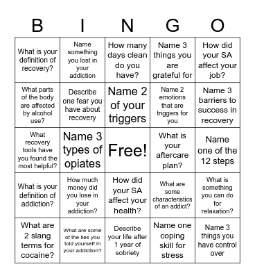 Recovery Bingo! Bingo Card