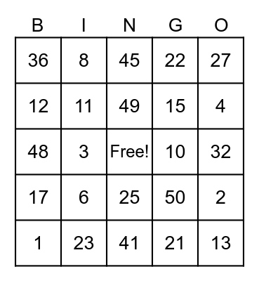 Number Bingo Card