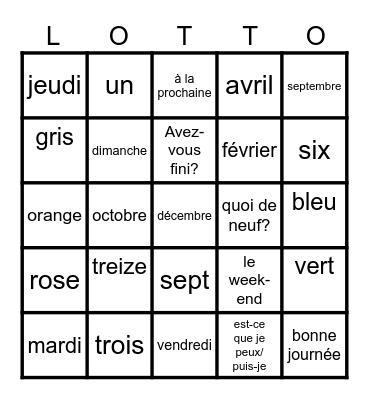 Les mois, les jours, les couleurs, les nombres Bingo Card