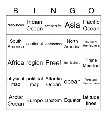 Geography Vocabulary Bingo Card