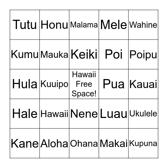 Hawaiian Bingo Card