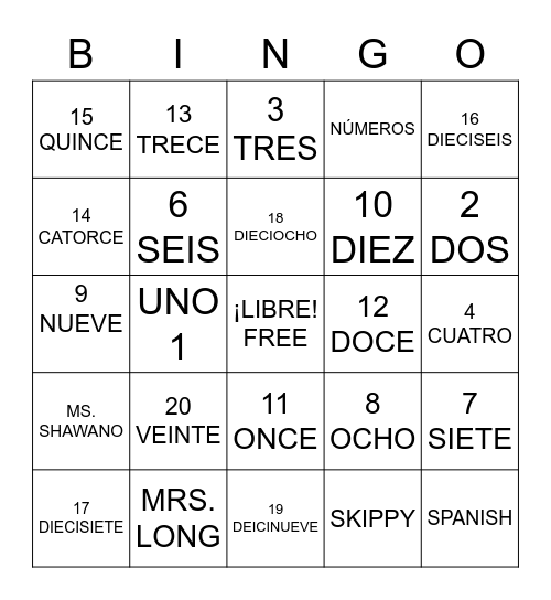 Spanish Números 1-20 Bingo Card