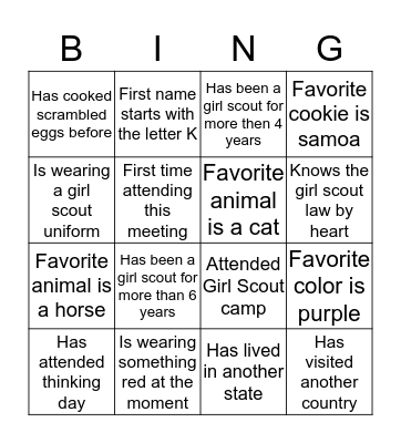 Girl Scout Bingo Card