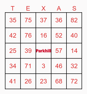 Parkhill Texas Bingo Card