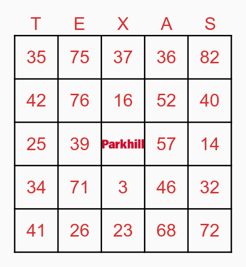 Parkhill Texas Bingo Card