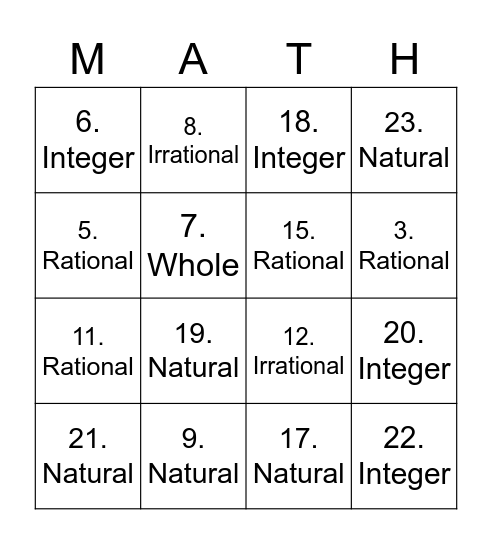 MATH Connect 4 - Real Numbers Bingo Card