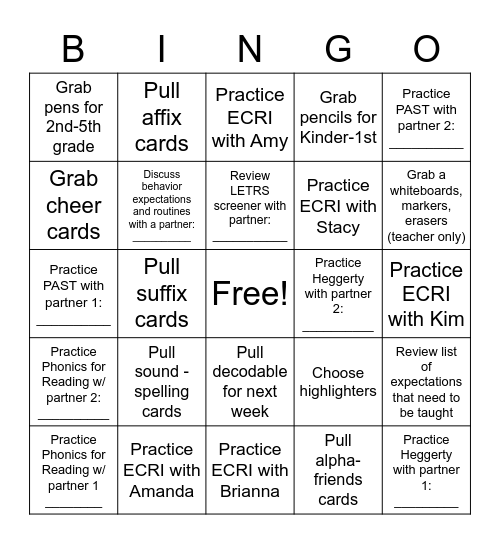 Beginning of the Year To-do's Bingo Card